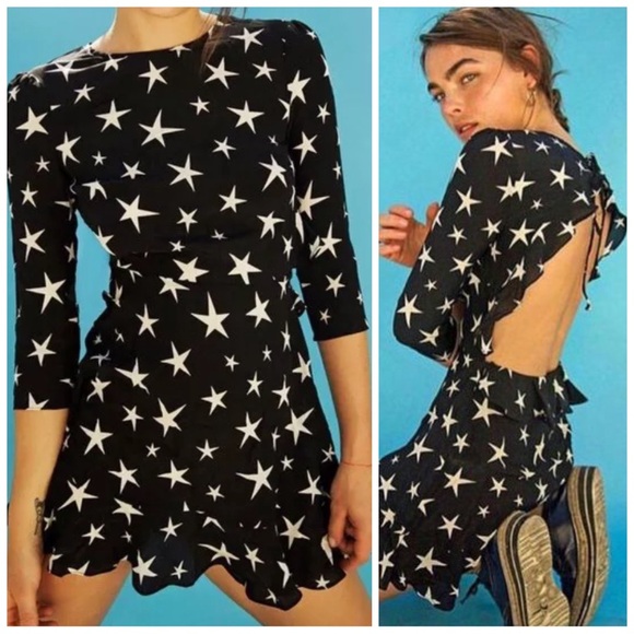 •K/LAB• Black / White Star Print Crepe Open Back Ruffle Mini Dress Size S‎ - Picture 12 of 14